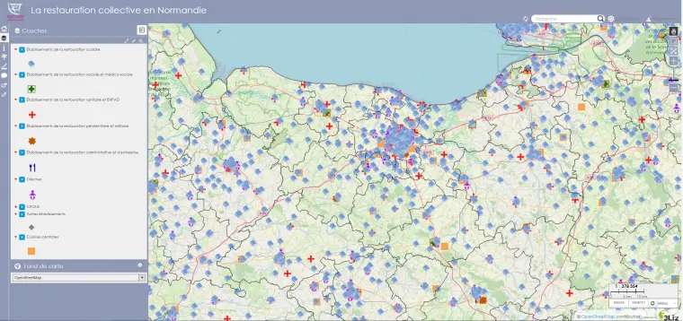 Nouvelle appli sur le portail cartographique de l'AUCAME : Établissements de restauration collective de Normandie